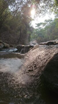 Slow motion of peaceful waterfall in a lush forest with sunlight filtering through the trees, creating a serene and calming atmosphere.