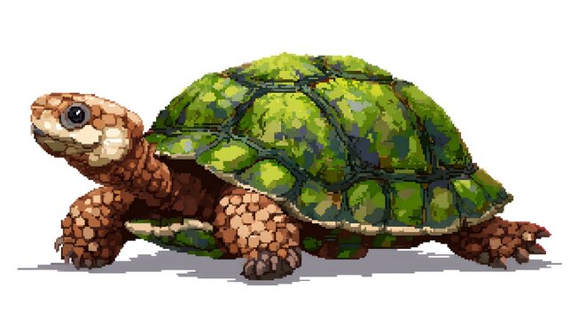 Green turtle pixel art illustration isolated on white background.