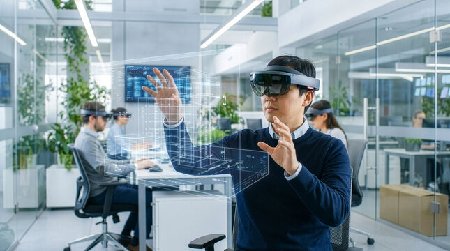 Asian Businessman Using Augmented Reality Headset to Interact with 3D Holographic Building Model in Modern Office