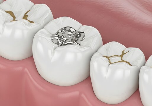 Close-up view of dental teeth with amalgam fillings on a pink background