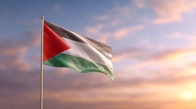 The Palestinian flag waving on a flagpole against a beautiful cloudy sky at sunset