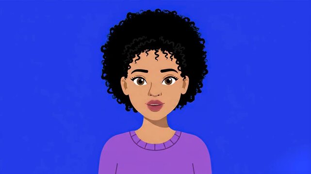 A lovely 2D animated character loop of a young Black woman with curly hair speaking continuously against a solid blue backdrop. Ideal for online courses, presentation assistants, video blogs, and frie