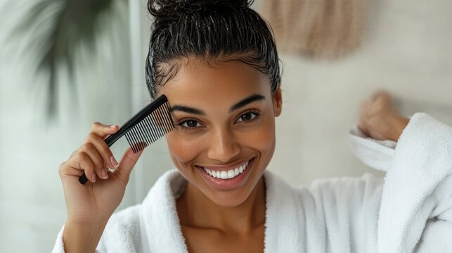 African American woman brushing her hair with a comb, detangling split ends, smiling in a white bathrobe