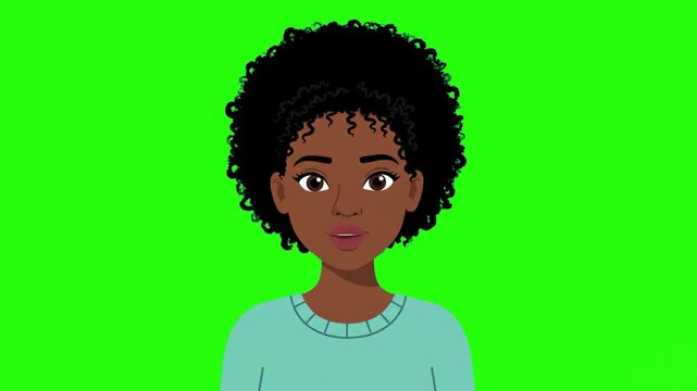 A clean 2D vector animation featuring a young African American woman with an afro hairstyle speaking with active mouth expressions against a solid green screen backdrop. Perfect for adding custom voic