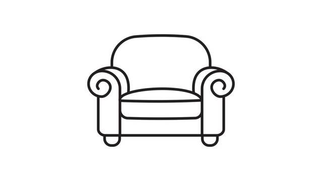 Minimalist Armchair Vector Icon with Scrolled Arms and Plush Cushion, Hand-Drawn Black Line Illustration on White Background, Editable Stroke for Customizable Line Weight and Scalable Design