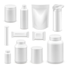 Naklejka na ściany i meble Sports nutrition mockup. Whey protein jar, sport supplement packaging 3d bottle tub white blank plastic container powder shake drink gym fitness set garish vector illustration