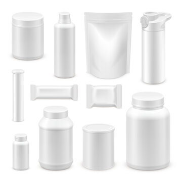 Sports nutrition mockup. Whey protein jar, sport supplement packaging 3d bottle tub white blank plastic container powder shake drink gym fitness set garish vector illustration