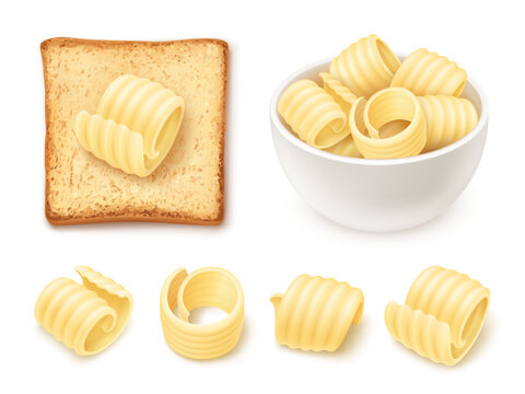 Butter curl slices. Realistic butter swirl slice bread toast, 3d margarine roll piece bowl creamy spread cream oil milk product breakfast food isolated garish vector illustration