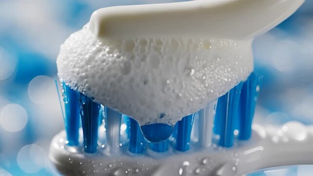 Close up of toothbrush bristles with water and toothpaste foam.