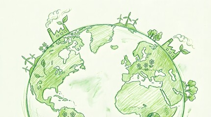 Fototapeta premium Green sketch of planet Earth showing industrial factories and renewable energy sources coexisting with nature