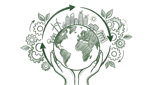 Hands hold the Earth symbolizing a sustainable future with green industry and renewable energy