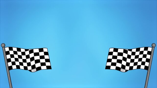 A pair of animated checkered racing flags waving in the corners of a blue background. This motion graphic is ideal for sports broadcasts, racing competitions, or achievement celebrations.