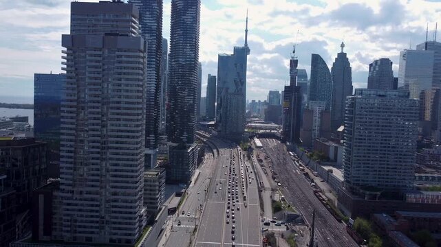 Aerial view of downtown Toronto from Gardiner Expressway