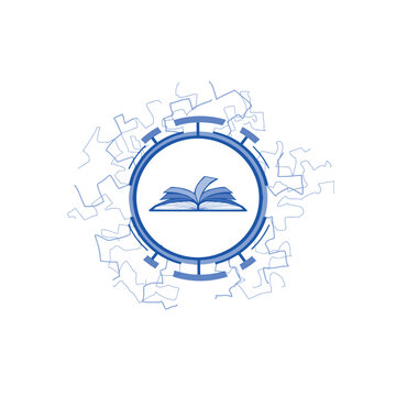 Open book in a round circle frame with electric discharges. Library guide pages.