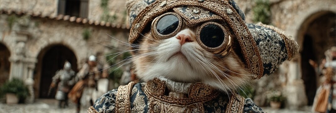 A steampunk cat wearing goggles and attire stands in front of an old building.