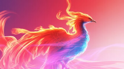 Fototapeta premium Vibrant colorful phoenix bird with flames rising from body in pixel art style