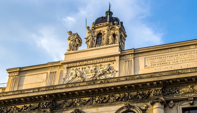Ornate building facade with statues on top under blue sky during golden hour