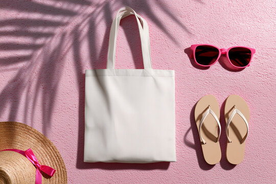 Blank white canvas tote bag on pink summer accessories background, mockup of tote bag design, minimal canvas bag template