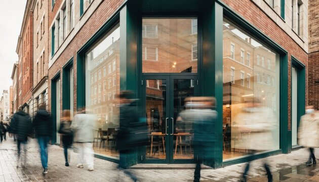 Exterior medium view of a retail unit at the corner of a busy pedestrian street the building facade sharp while passersby softly fade out.