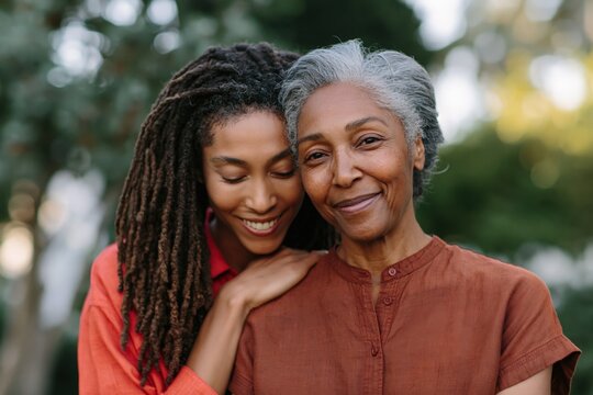 Older woman and adult daughter embracing in outdoor park