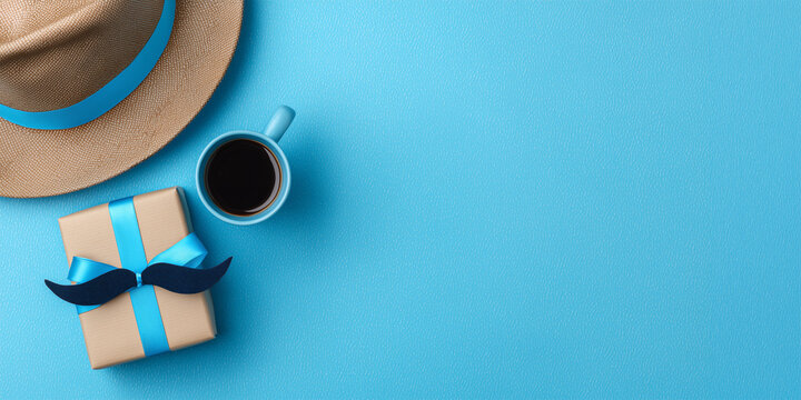 Father's day blue background with a gift, a cup of coffee, hat and mustache with copy space
