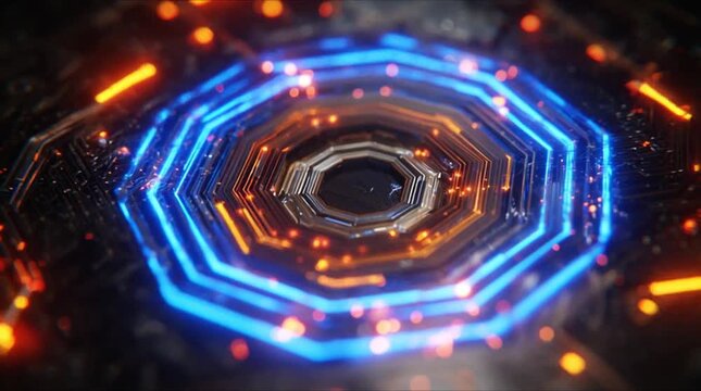 Sophisticated digital security interface with glowing blue neon octagon layers and orange data pulses (AI Generated)