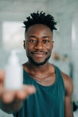 Obraz premium Young man smiling and holding bottle in bathroom mirror