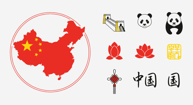 Set of vector world flags in red, white, and black colors featuring China, Canada, and Turkey map shapes and national heart symbols for global travel and geography illustration