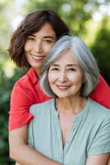 Naklejka premium Adult daughter hugging elderly mother outdoors in garden