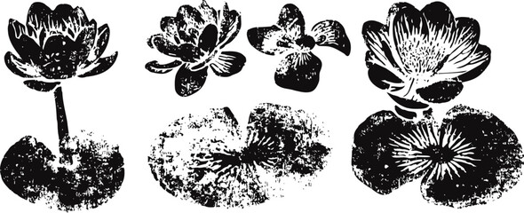 Naklejka premium Black and white lotus flower silhouettes with leaves in stylized artistic design