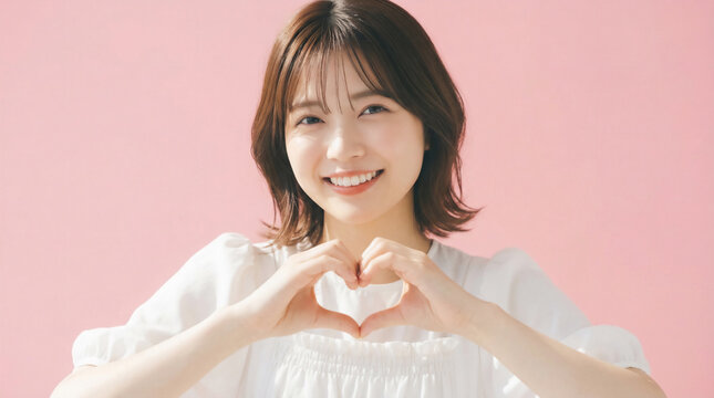 Happy Japanese woman making a heart shape with her hands on pink background