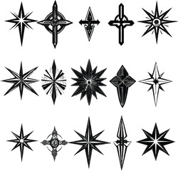 collection of geometric star and cross symbols flat design vector illustration