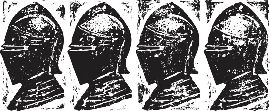 set of four vintage medieval knight helmets, side view, metal armor for head and neck protection