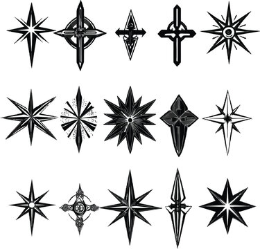 collection of geometric star and cross symbols flat design vector illustration