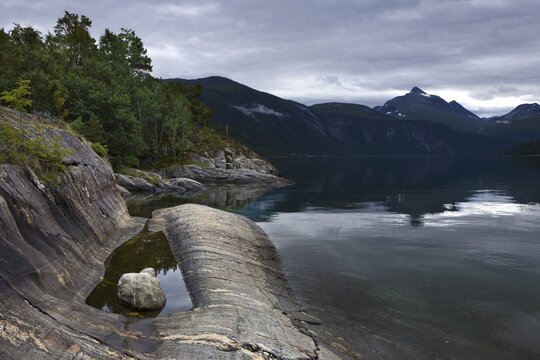 Landscape at Lang Fjord, Boggestranda, M&oslash;re og Romsdalen, Norway, Scandinavia, Europe