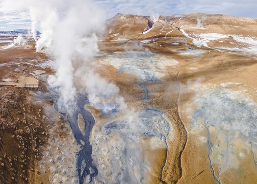 Aerial view, steaming river and fumaroles, geothermal area Hverar&ouml;nd, also Hverir or Namaskard, North Iceland, Iceland