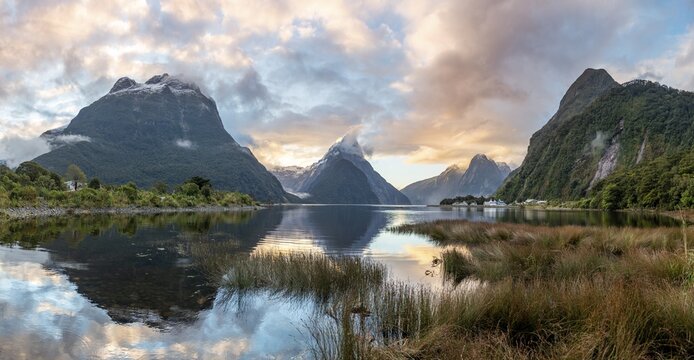 Mitre Peak, reflection in water, sunset, Milford Sound, Fiordland National Park, Te Anau, Southland, South Island, New Zealand