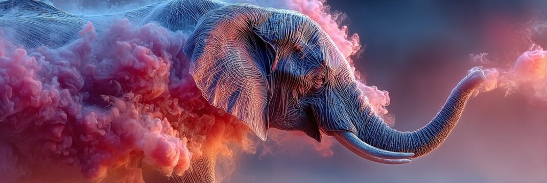 A majestic elephant emerges from vibrant pink and blue smoke in a surreal landscape.