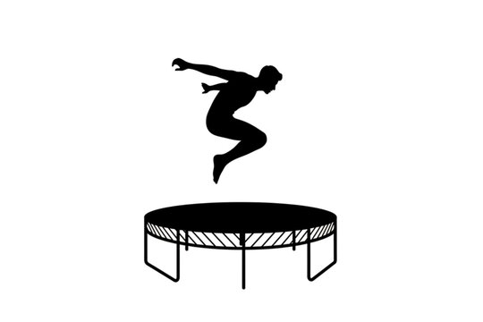 High Jump Silhoutte: A dynamic silhouette captures a person soaring through the air above a trampoline, embodying athleticism, fitness and enjoyment.