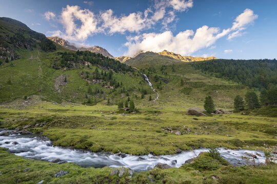 Alpine meadow landscape with Debantbach, Debanttal, Hohe Tauern National Park, East Tyrol, Tyrol, Austria