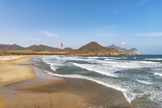 Long, flat, sandy beach by the sea, Playa de Los Genoveses, Cabo de Gata-Nijar National Park, Almer&iacute;a, Spain
