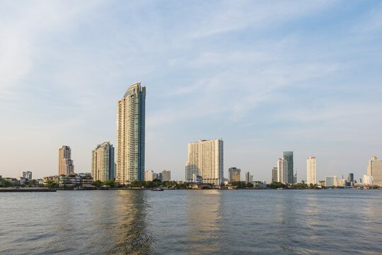 River Mae Nam Chao Phraya with skyscrapers, Bangkok, Thailand