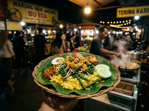 Authentic Indonesian Street Food Nasi Jagung on Banana Leaf