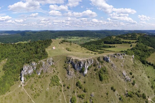 Mount Ehrenb&uuml;rg, front north peak Walberla 513, 9m, St. Walburgis Chapel, back right south peak Rodenstein 532m, Franconian Jura, Franconian Alps, Franconian Switzerland-Veldenstein Forest nature Park, Upper Franconia, Franconia, Bavaria, Germany
