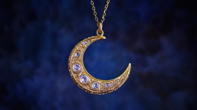 Golden crescent moon pendant, studded with gems, hanging on a chain, against a dark blue gradient backdrop