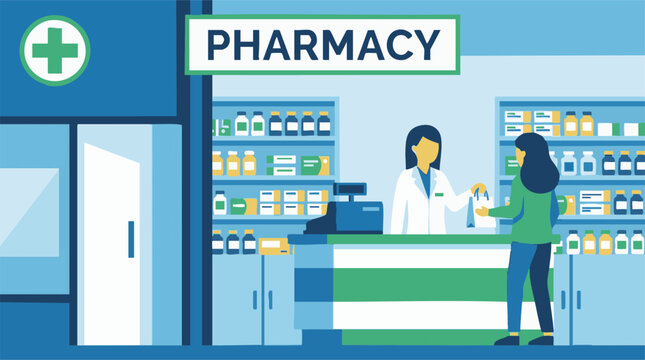 Pharmacist serving customer at modern pharmacy counter with medicine shelves