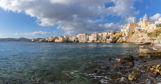 Coast and city view, Neoclassical Greek Orthodox Church of Saint Nicholas, Agios Nikolaos, Ermoupoli, Syros, Cyclades, Greece