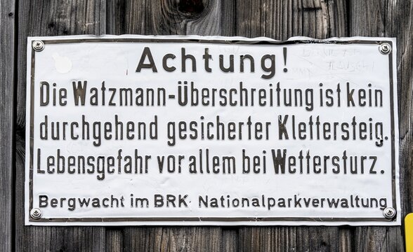 Warning at via ferrata, Watzmann crossing, sign at Watzmann, Berchtesgaden, Bavaria, Germany