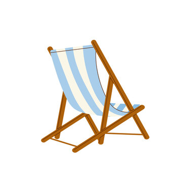 Wooden deck chair with blue and white stripes. Isolated object for summer vacation, seaside holiday and resort relaxation design.