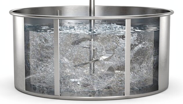 Baffled mixing tank interior with a slowly rotating impeller demonstrating turbulent liquid movement and efficient blending through vertical and radial agitation.